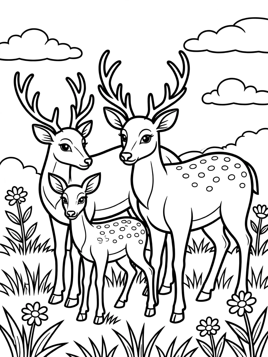 A family of deer grazing in a peaceful meadow, with spotted fawns staying close to their alert mothers