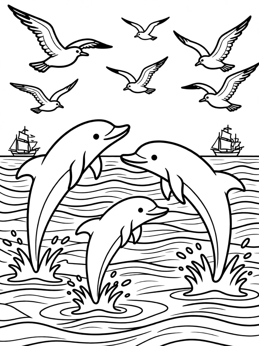 A group of dolphins jumping and playing in ocean waves, with seagulls flying overhead and ships distant