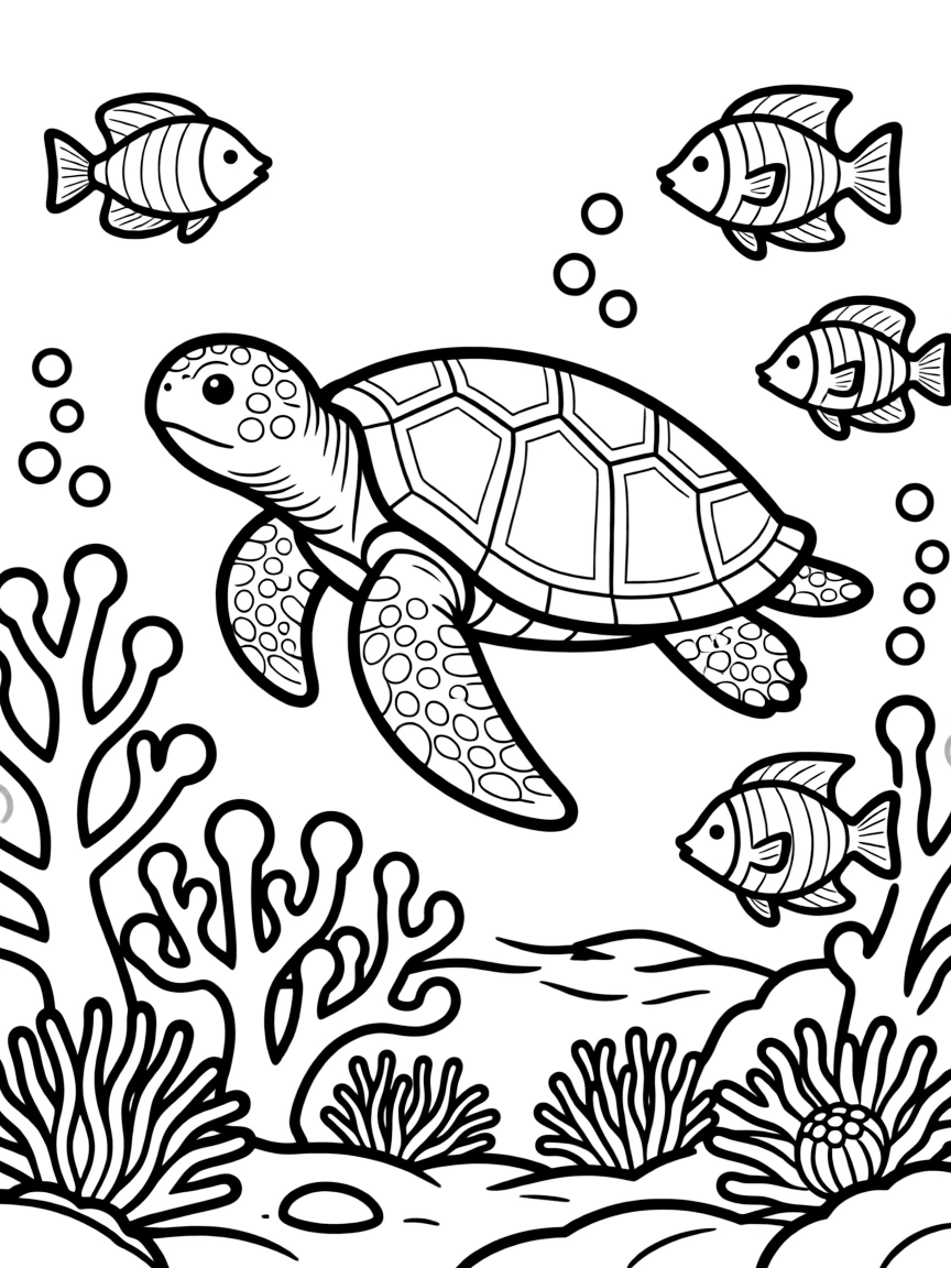 A sea turtle swimming through a coral reef, surrounded by tropical fish and colorful sea anemones