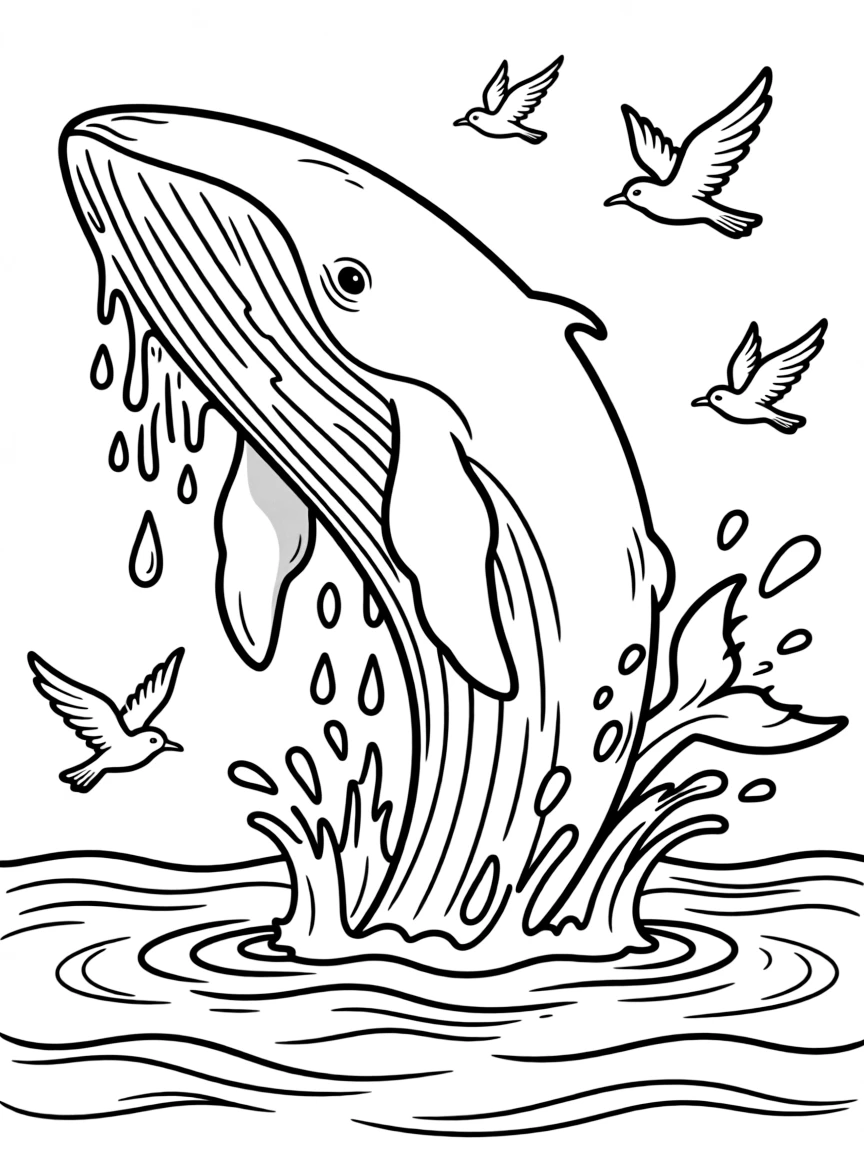 A whale breaching the surface of the ocean, with water cascading off its massive body and seabirds nearby