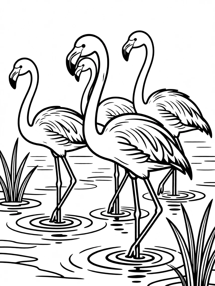A group of flamingos standing in shallow water, with their pink feathers and long necks creating elegant shapes