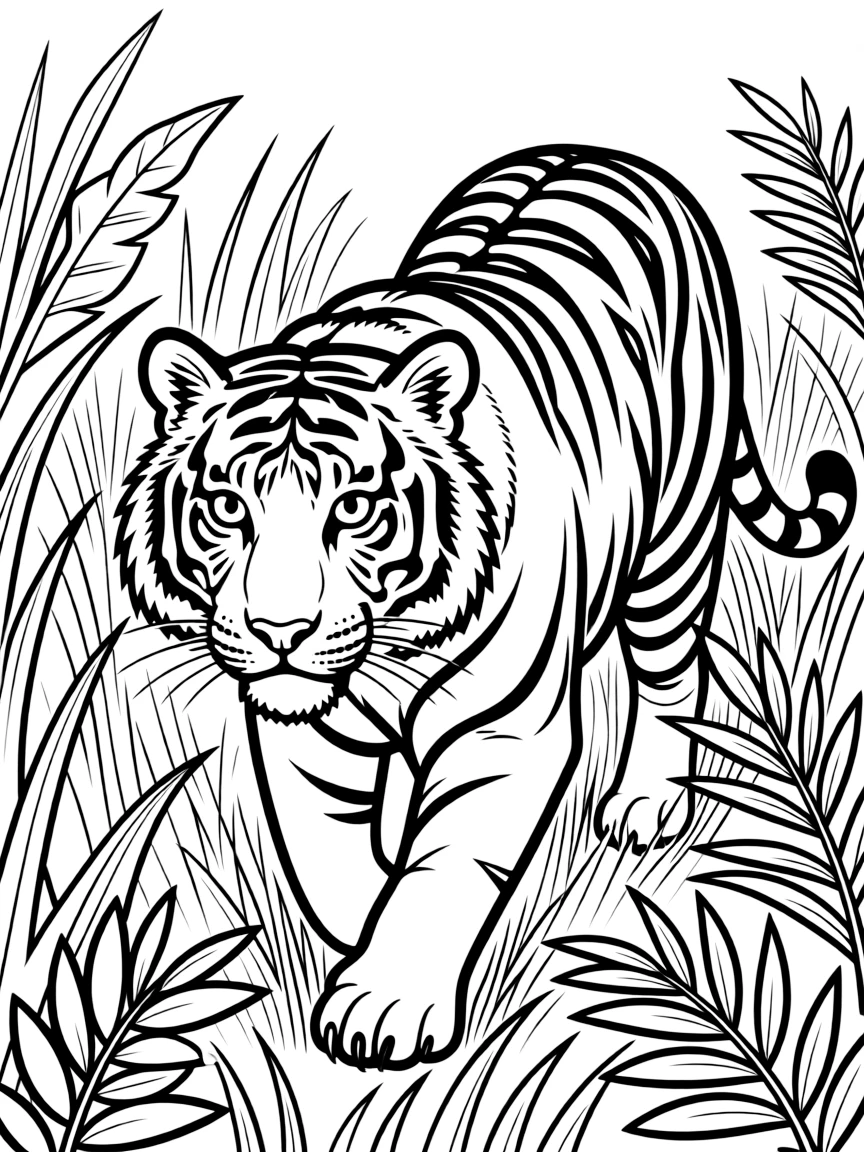 A tiger stalking through tall jungle grass, with distinctive orange and black stripes and piercing eyes