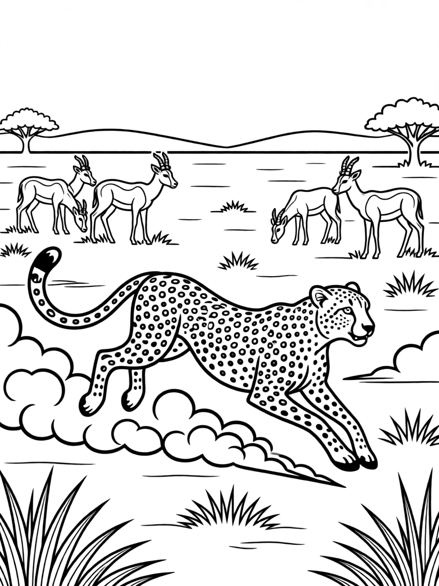 A cheetah running at full speed across the African plains, with dust clouds and gazelles in the distance