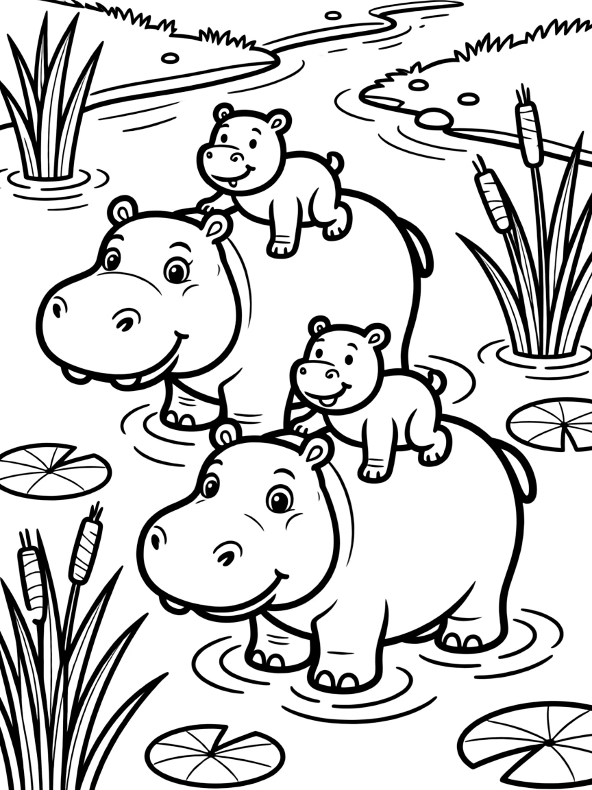 A hippopotamus family in a river, with babies riding on their mothers' backs and water plants around