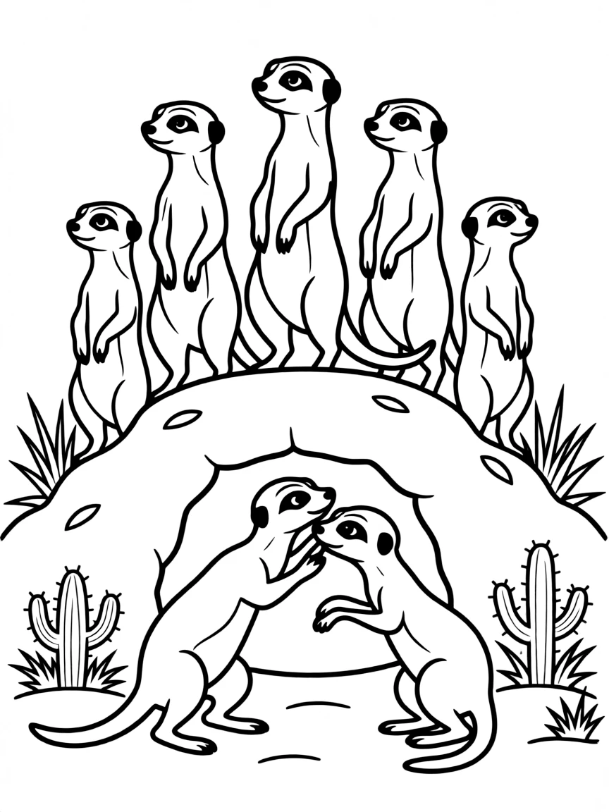 A group of meerkats standing guard on their burrow, with some watching for danger while others play