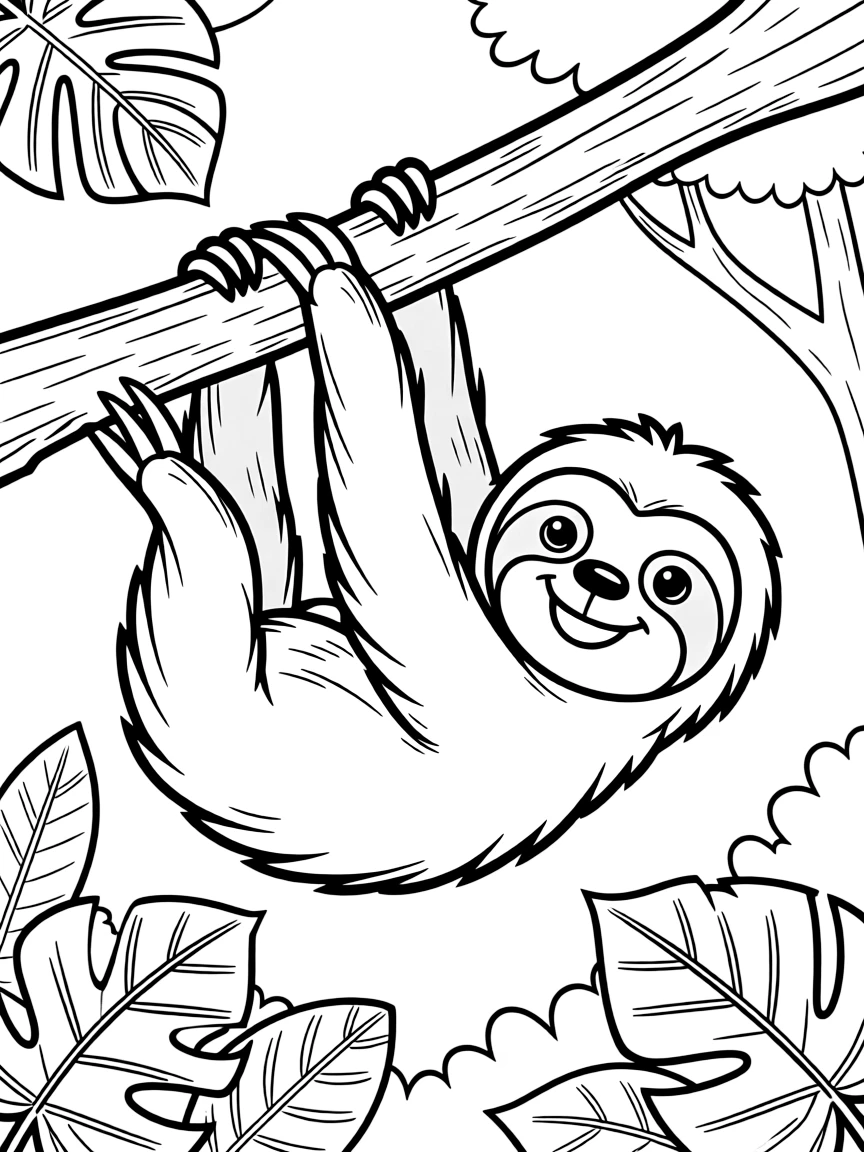 A sloth hanging upside down from a tree branch, moving very slowly through the rainforest canopy