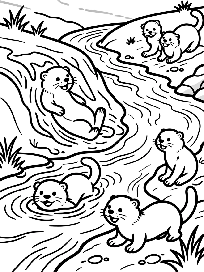 A family of otters playing in a stream, sliding down muddy banks and swimming through clear water
