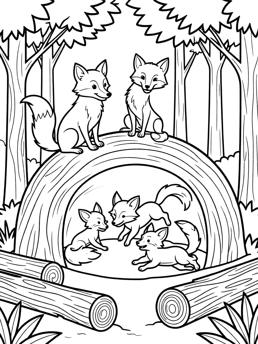 A fox family in their den, with kits playing while parents keep watch in a forest setting with fallen logs