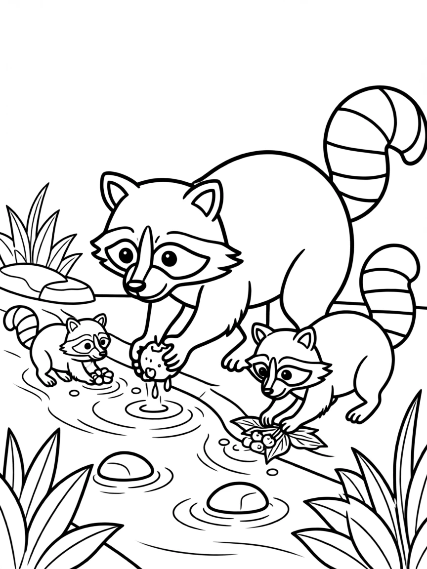 A raccoon family washing food in a stream, with their distinctive masked faces and ringed tails visible