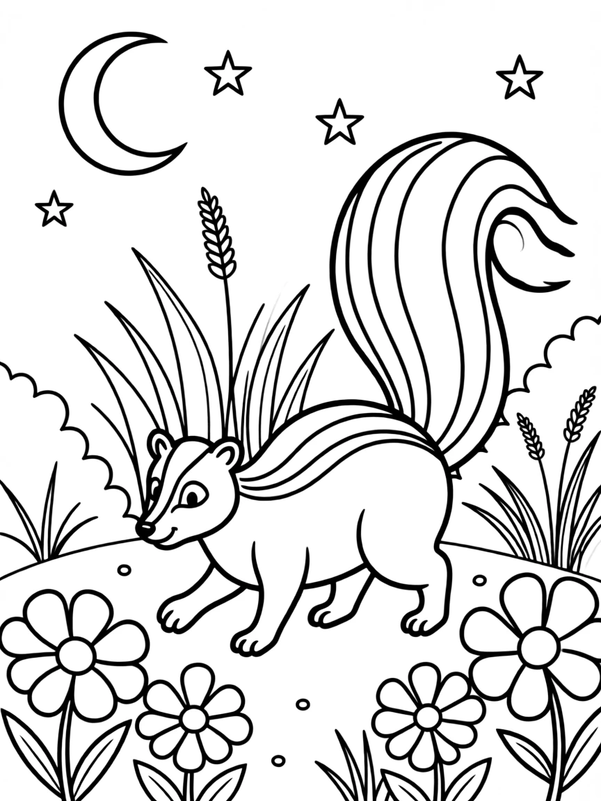 A skunk walking through a garden at night, with its distinctive black and white warning coloration
