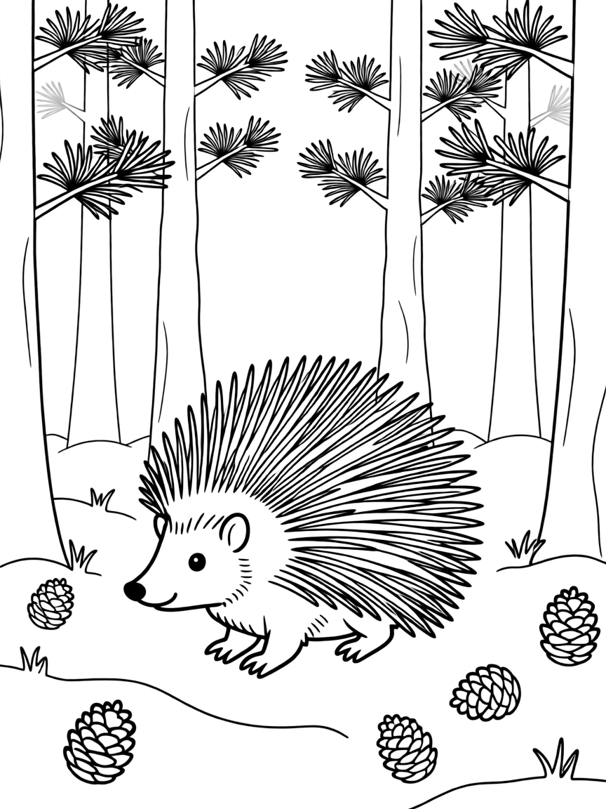 A porcupine in a pine forest, with its quills raised defensively and pine cones scattered on the ground