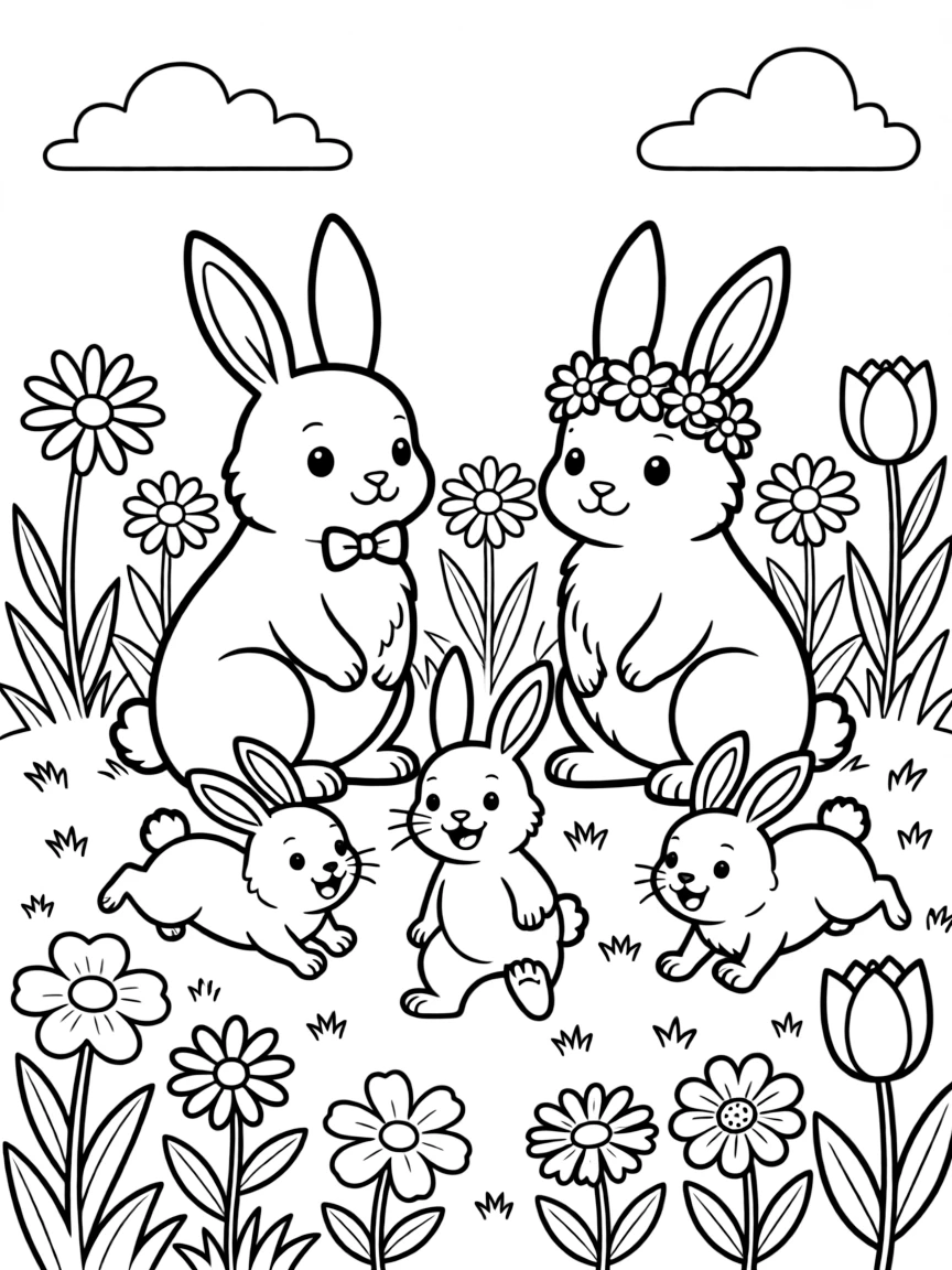 A family of rabbits in a meadow filled with wildflowers, with babies hopping and playing together