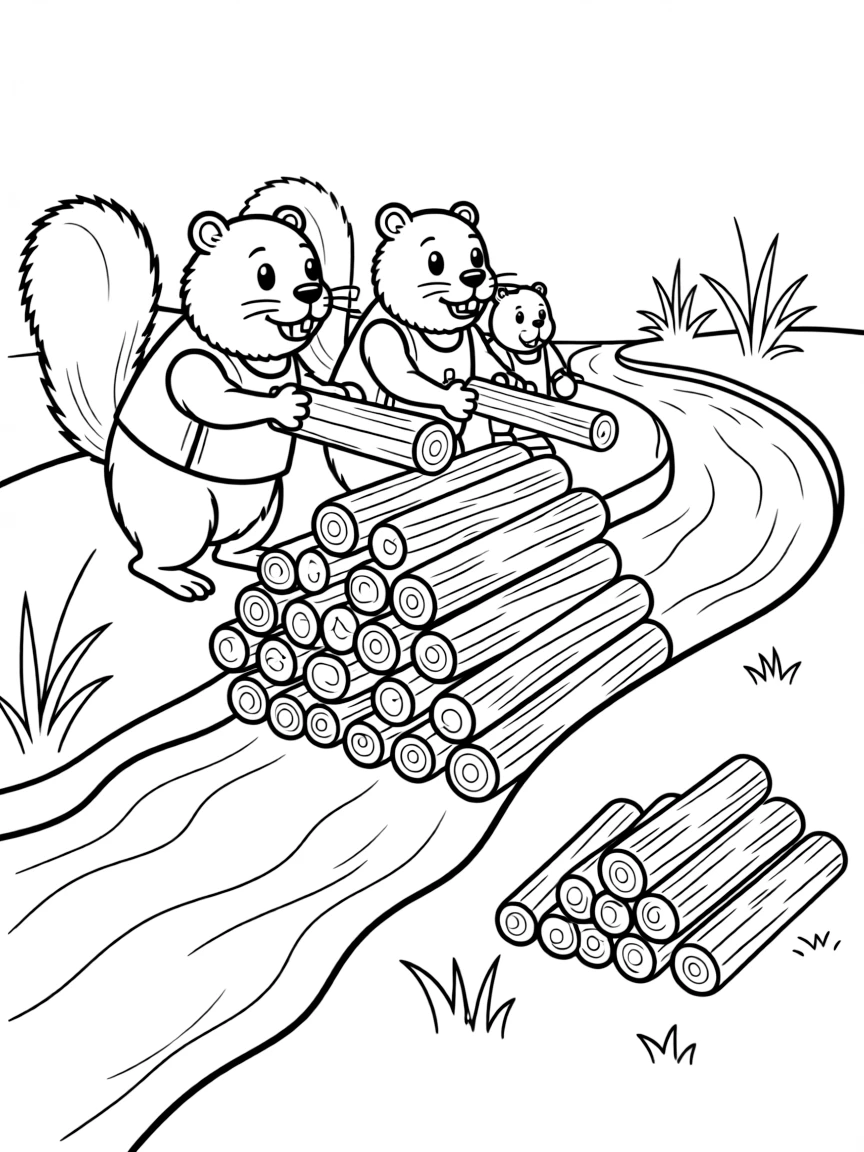 A beaver family building a dam across a stream, with logs, sticks, and engineering skills on display