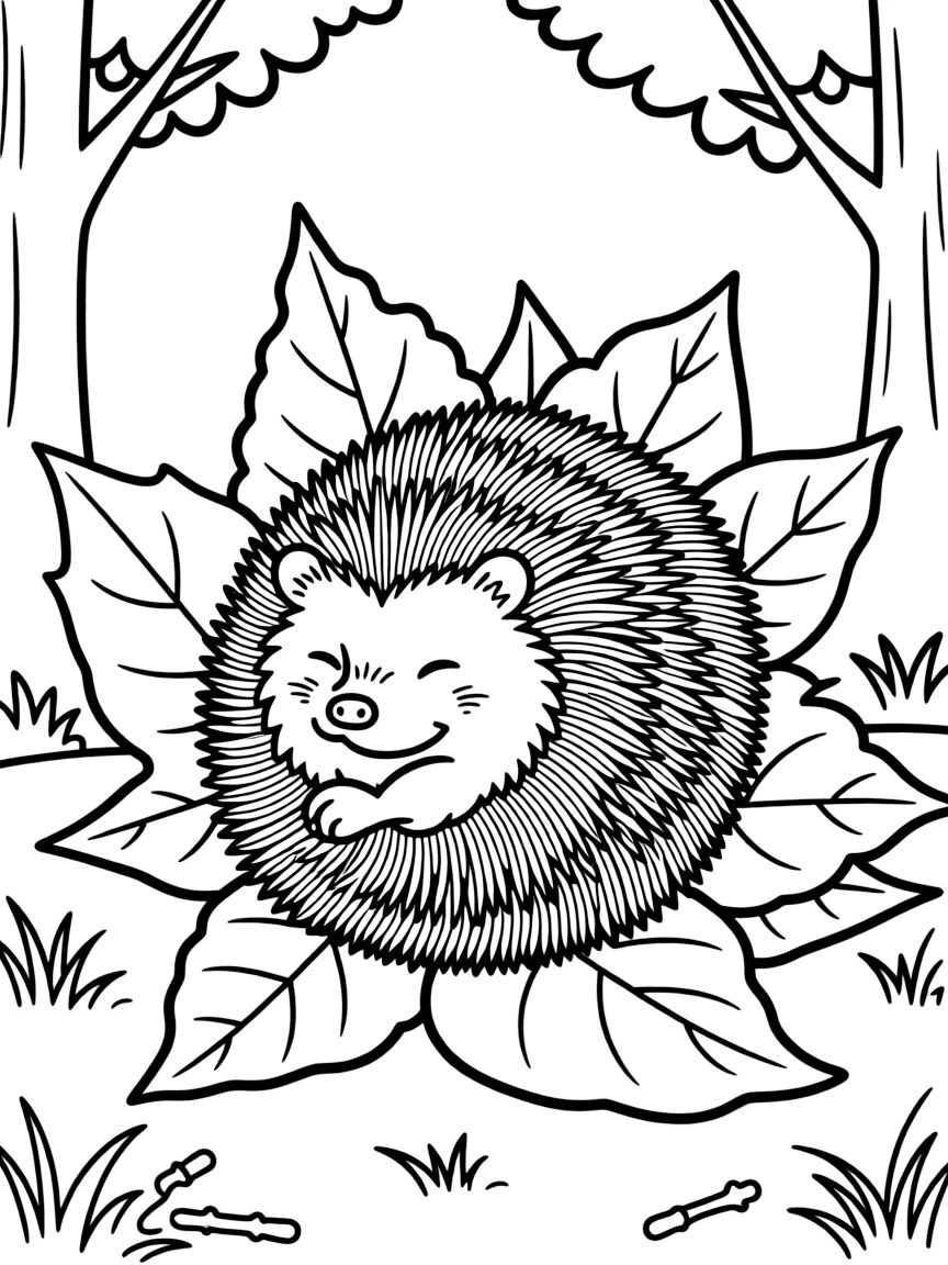 A hedgehog curled up in a ball among autumn leaves, with its spines protecting it in a cozy forest scene