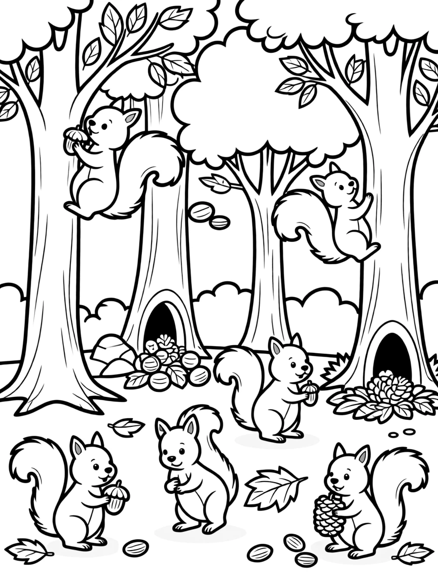 A family of squirrels gathering nuts for winter, climbing trees and storing food in various hiding places