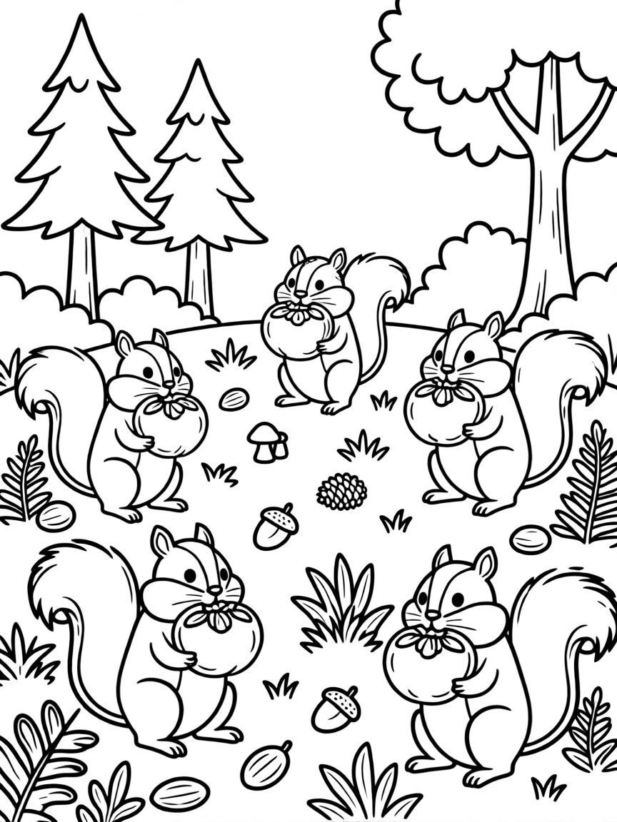 A group of chipmunks with their cheeks stuffed full of seeds, preparing for winter in a forest setting
