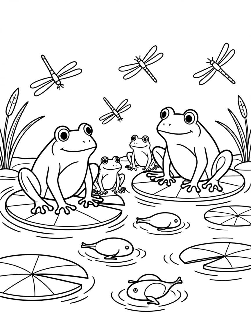 A family of frogs sitting on lily pads in a pond, with tadpoles swimming and dragonflies hovering above