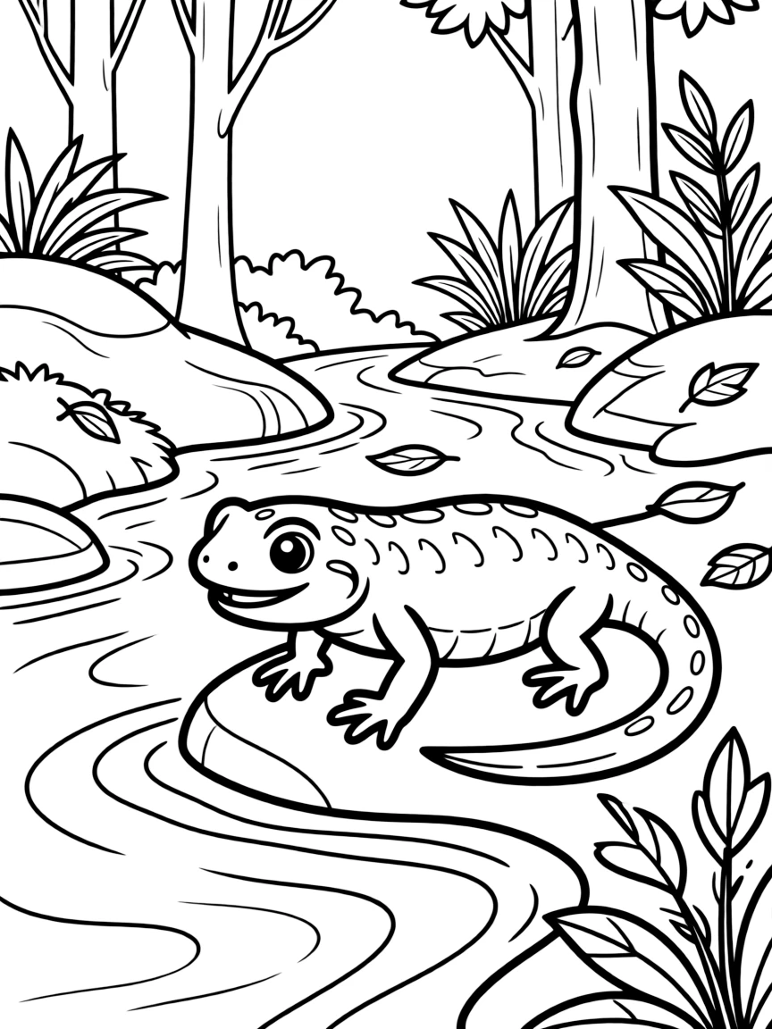 A salamander in its woodland habitat, near a small stream with moss-covered rocks and fallen leaves