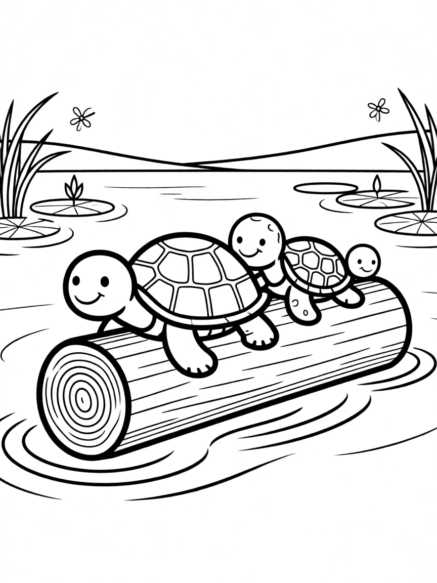 A turtle family sunning themselves on a log, with different sizes showing generations in a peaceful lake