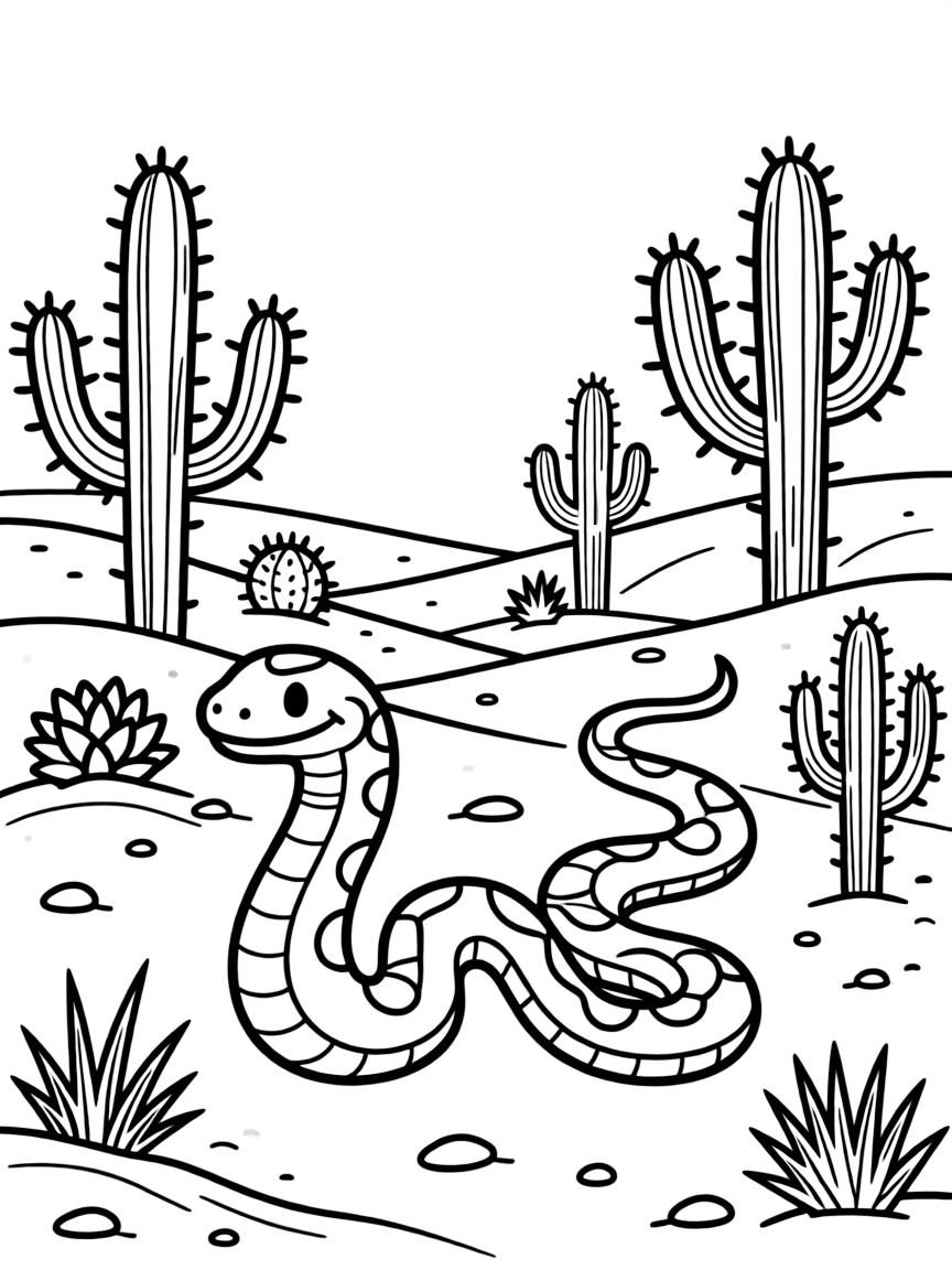 A snake slithering through desert sand, with cacti and desert plants creating a hot, dry landscape around