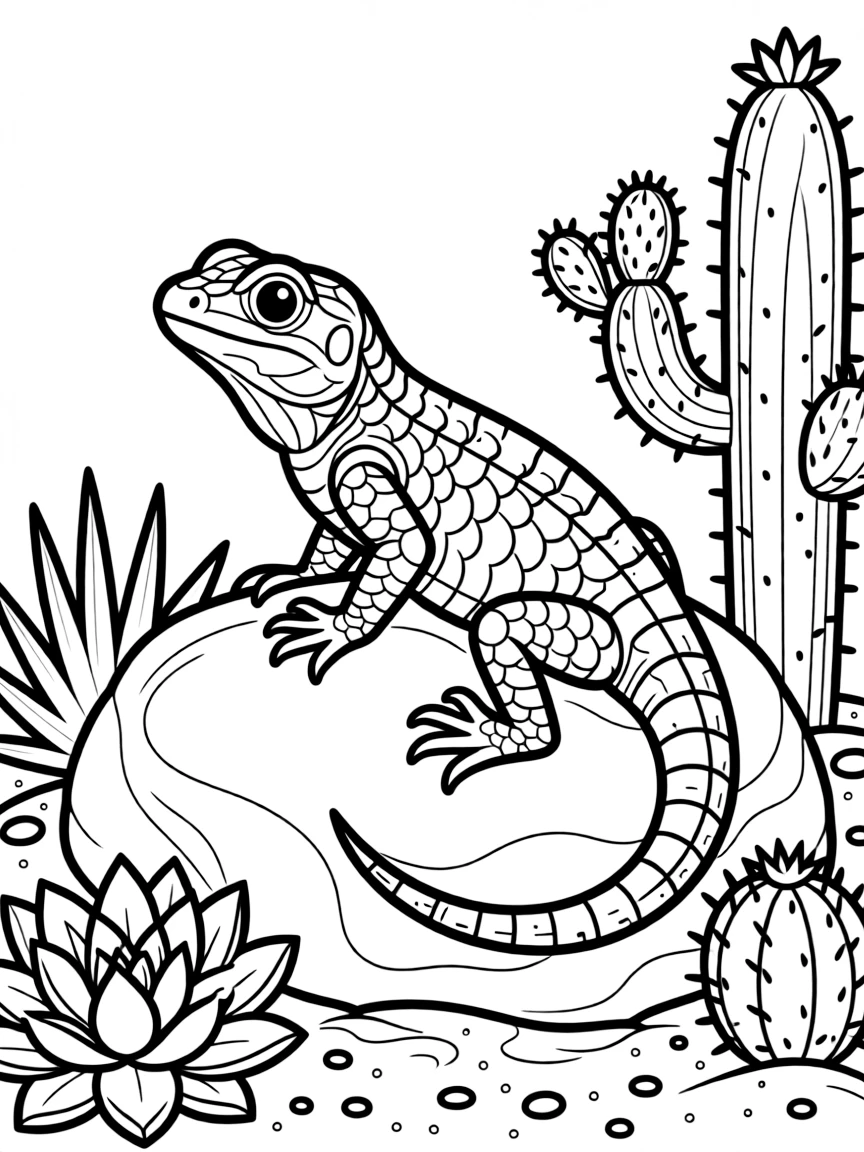A lizard basking on a warm rock, with detailed scales and a desert environment with succulents nearby