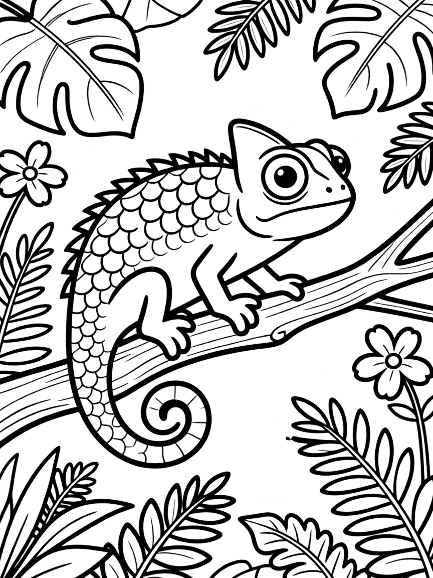 A chameleon changing colors on a branch, with its eyes moving independently and tropical plants around