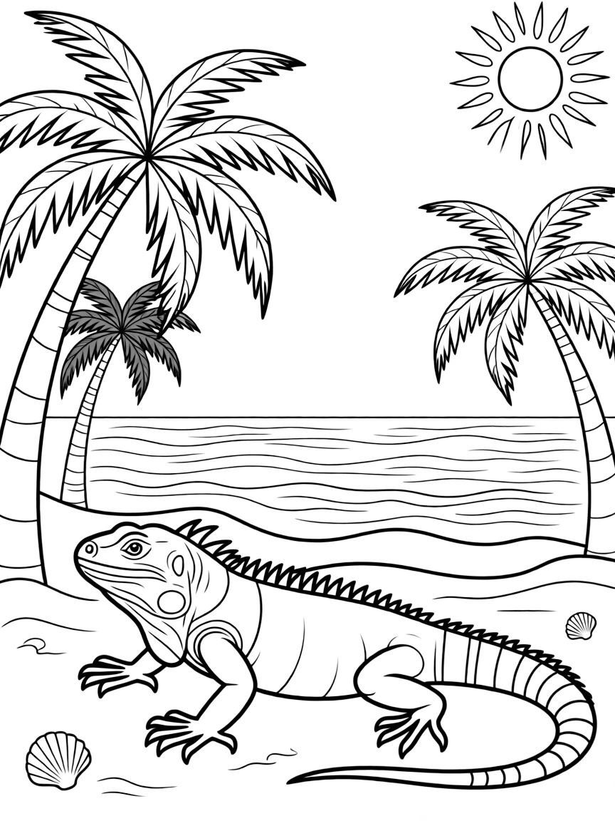 An iguana sunbathing on a beach, with palm trees and ocean waves creating a tropical island paradise