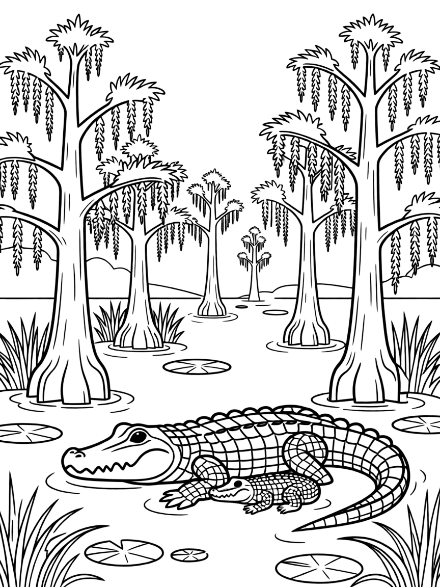 A family of alligators in a swamp, with cypress trees and Spanish moss creating a mysterious wetland scene
