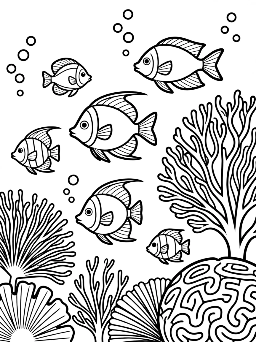 A group of colorful tropical fish swimming through a coral reef with sea fans and brain coral