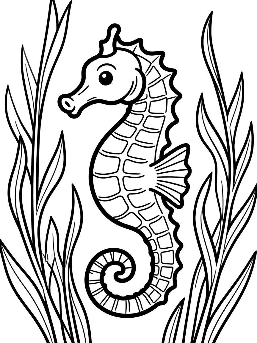 A seahorse floating among seaweed, with its curled tail and horse-like head in an underwater garden