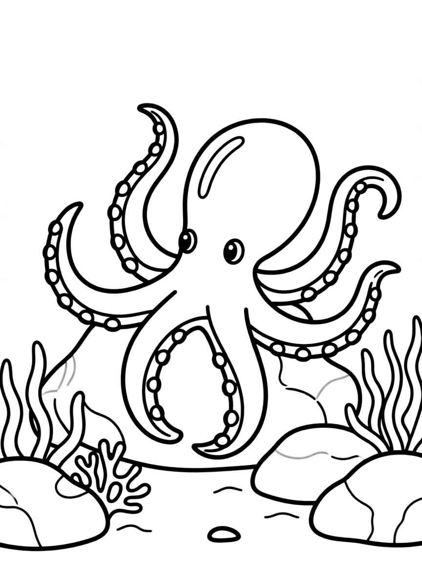 An octopus hiding among rocks on the ocean floor, with its tentacles and suction cups clearly detailed