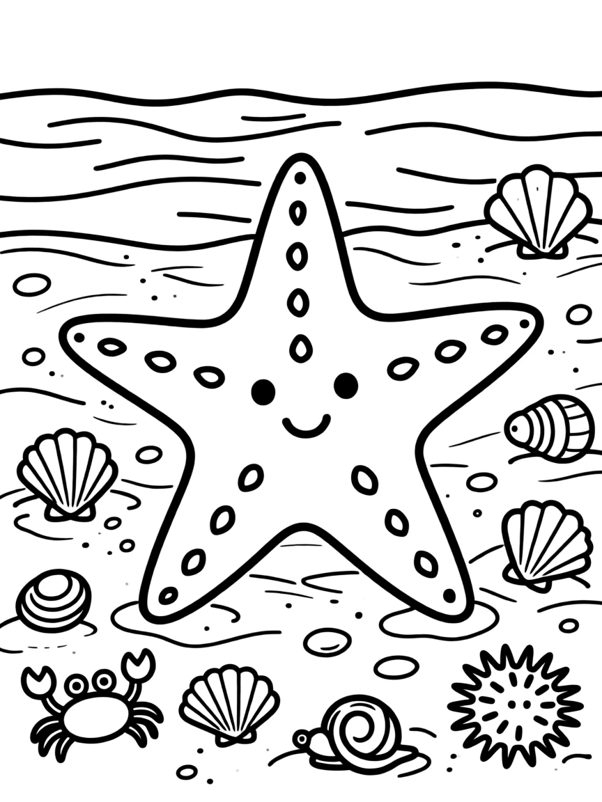 A starfish on a sandy ocean floor, surrounded by seashells and other tide pool creatures