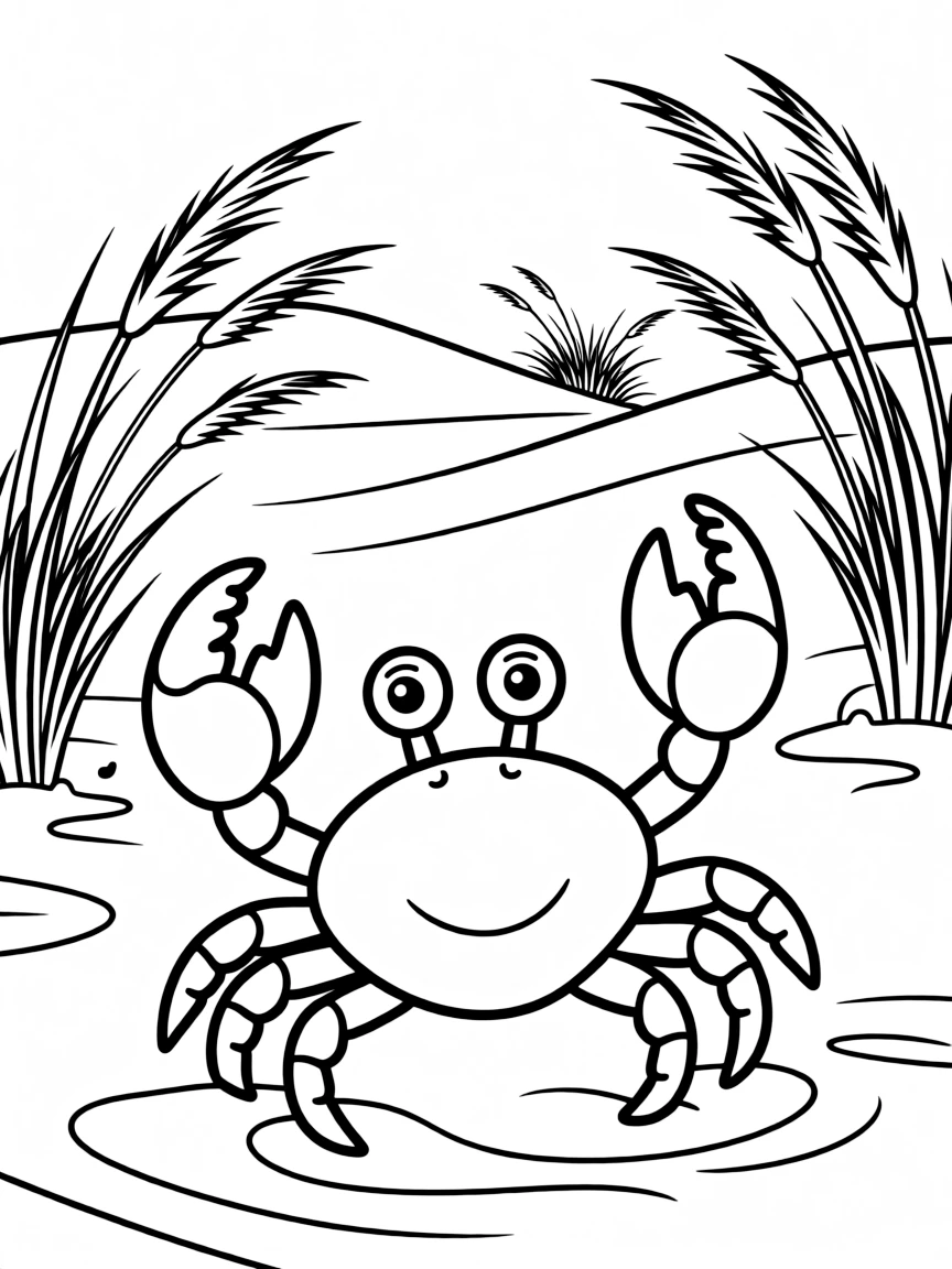 A crab scuttling across a beach, with its claws raised and sand dunes and beach grass in the background