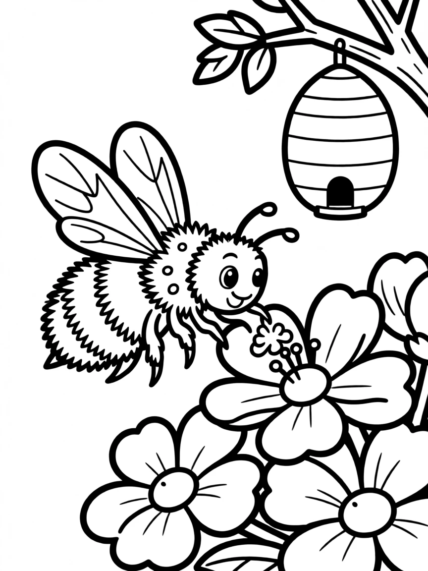 A bee collecting nectar from flowers, with pollen visible on its fuzzy body and a hive in the background