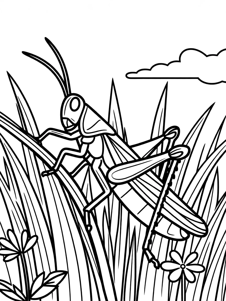A grasshopper in tall grass, with its powerful jumping legs and antennae in a summer meadow setting