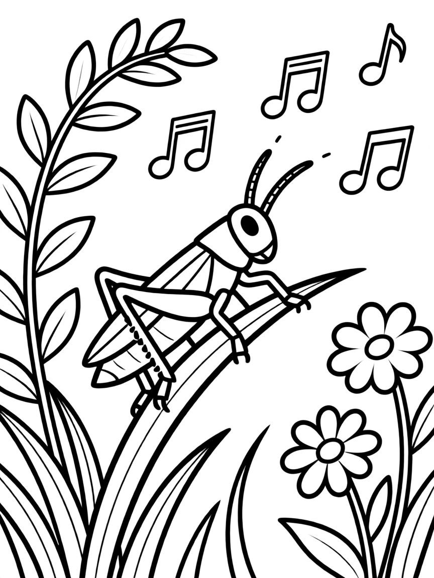 A cricket chirping on a summer evening, with musical notes floating around and garden plants nearby