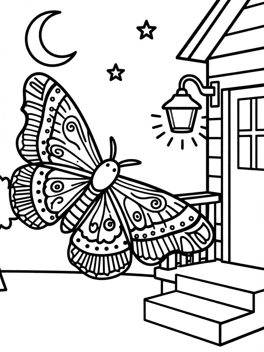 A moth attracted to a porch light, with detailed wing patterns and a cozy house setting in the background
