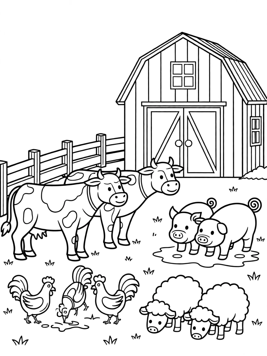 A group of farm animals in a barnyard, including cows, pigs, chickens, and sheep with a red barn behind