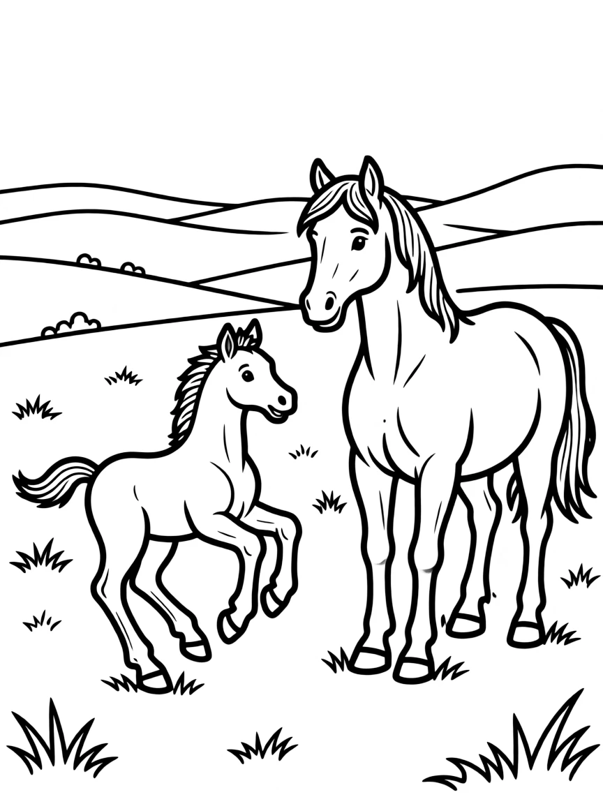 A horse and foal in a pasture, with the young horse learning to run and play while its mother watches