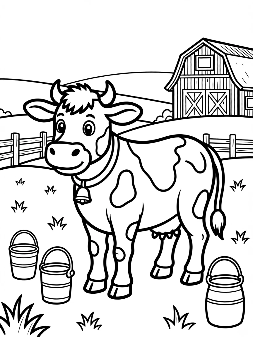 A dairy cow in a green pasture, with milk buckets and a farm setting showing rural agricultural life