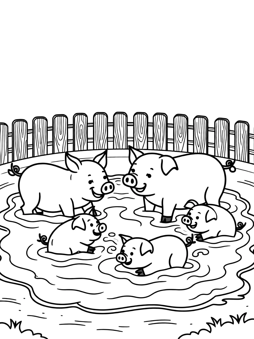 A pig family wallowing in mud, with piglets playing and staying cool in their pen with wooden fences