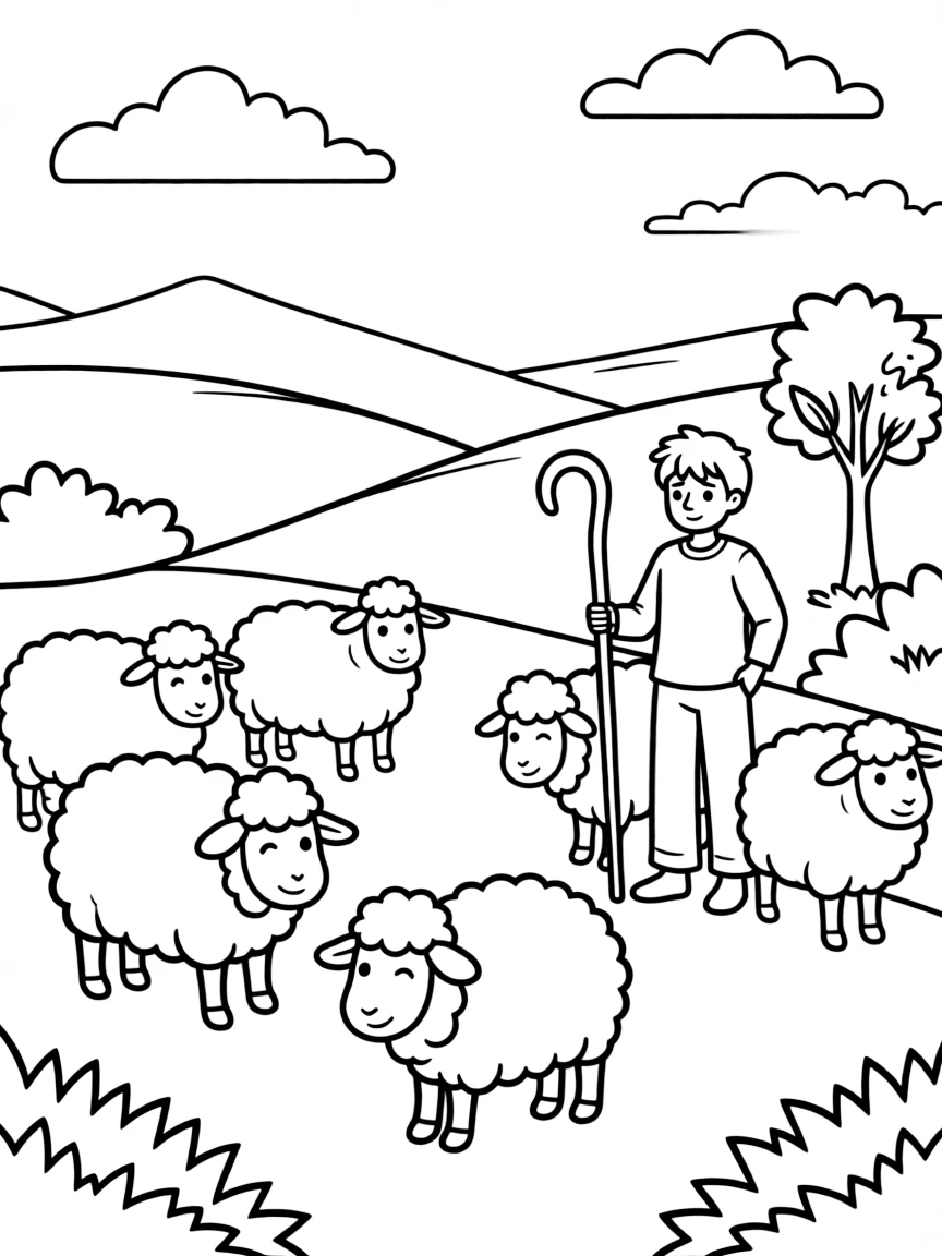 A flock of sheep in a rolling hillside meadow, with a shepherd's staff and pastoral countryside scenery