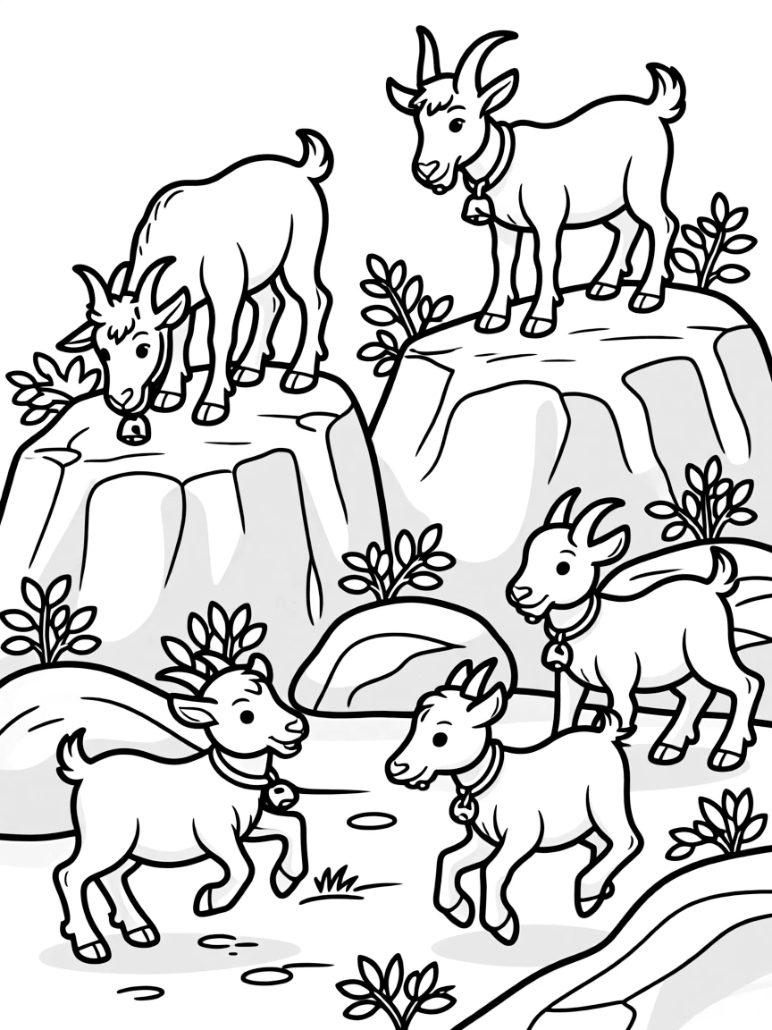 A goat family climbing on rocky terrain, with kids jumping and playing while adults graze on scrub brush