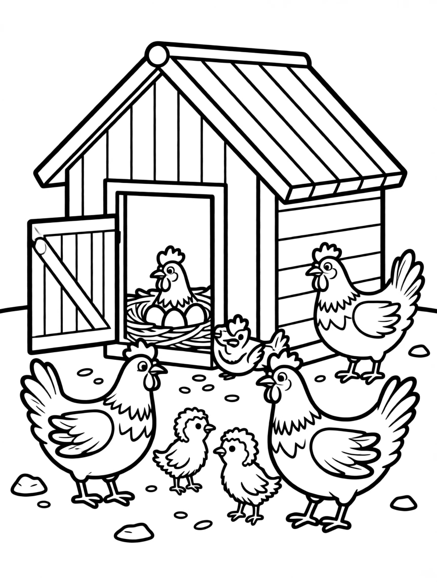A chicken coop with hens and roosters, showing eggs in nests and chicks following their mothers around