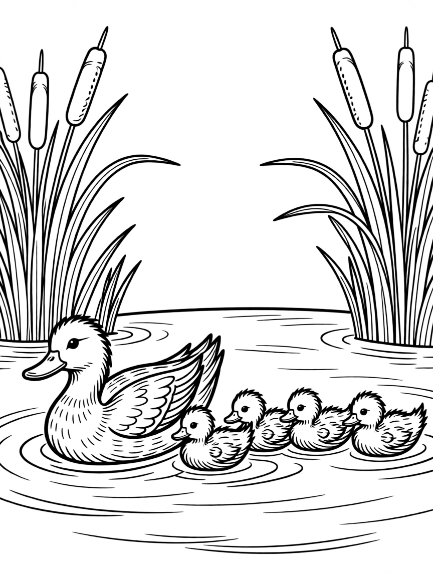 A duck family swimming in a farm pond, with ducklings in a line behind their mother and cattails around
