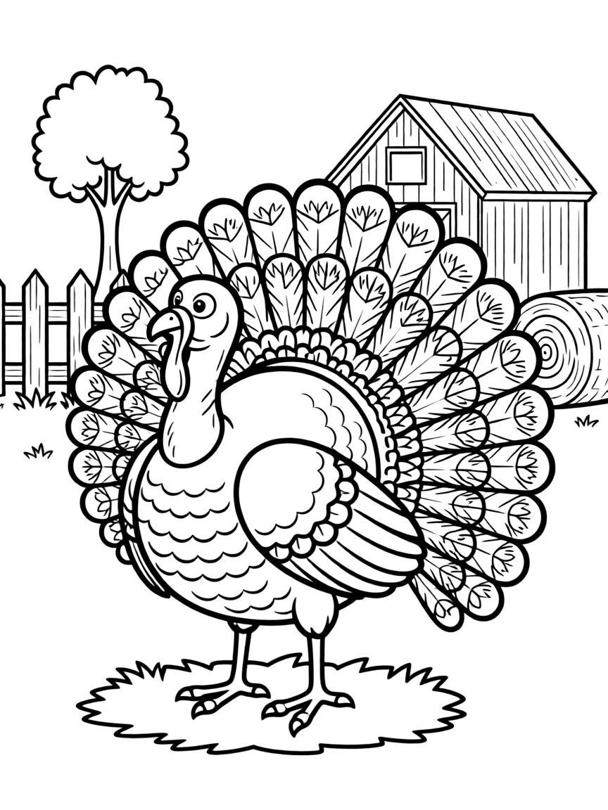 A turkey displaying its tail feathers, with the full fan spread and detailed plumage in a farmyard setting