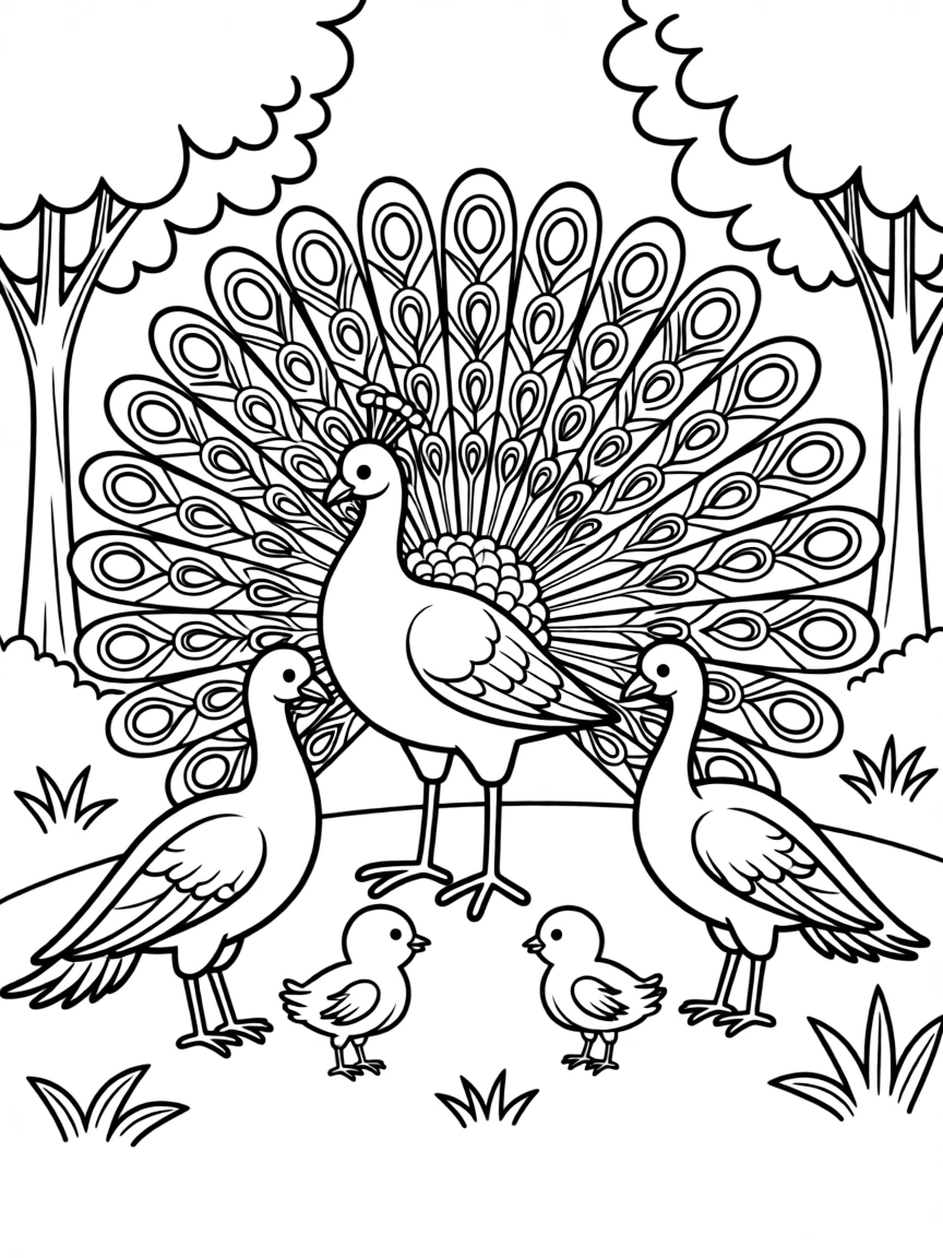 A peacock and peahen with their chicks, showing the male's brilliant display and the family dynamic