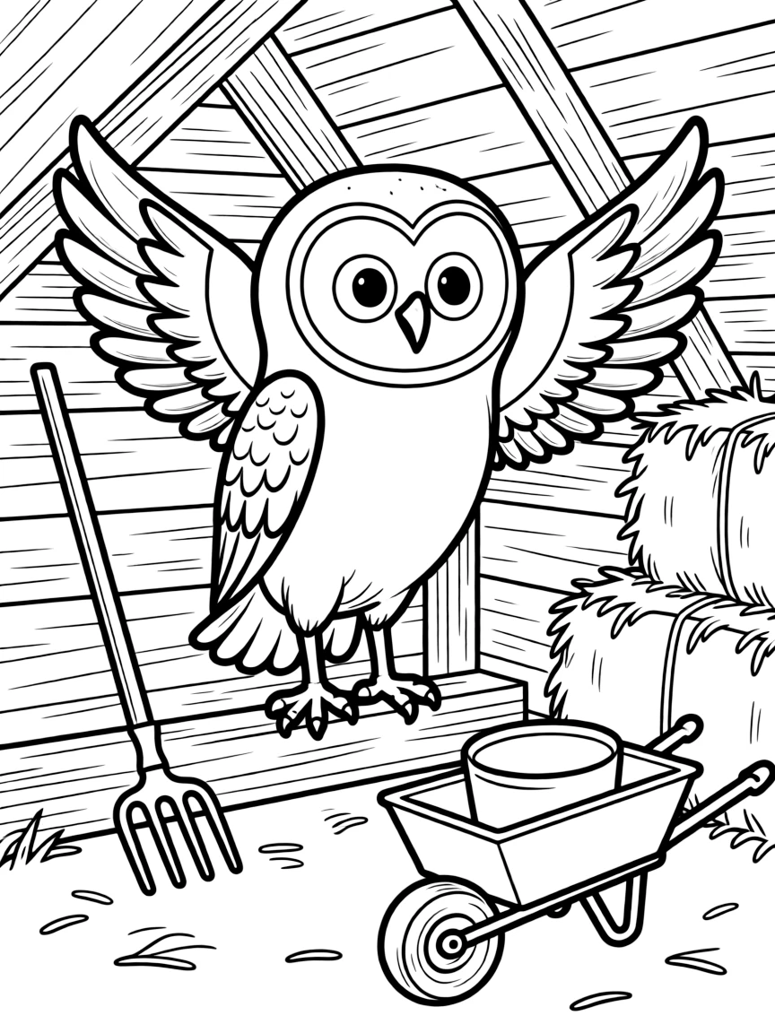A barn owl in a hay loft, with round face and silent flight feathers, surrounded by farm equipment