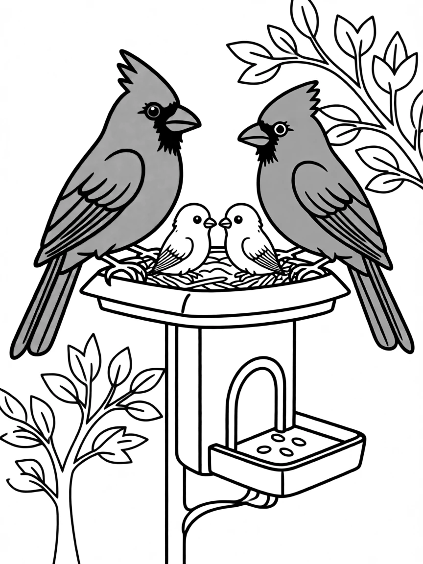 A cardinal family at a bird feeder, with the bright red male and brown female feeding their young