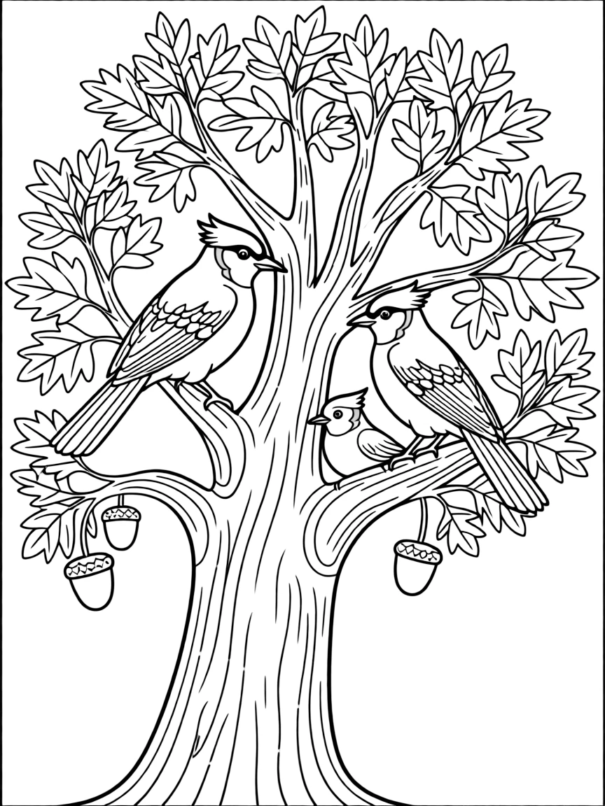 A blue jay family in an oak tree, with acorns and autumn leaves showing their woodland habitat